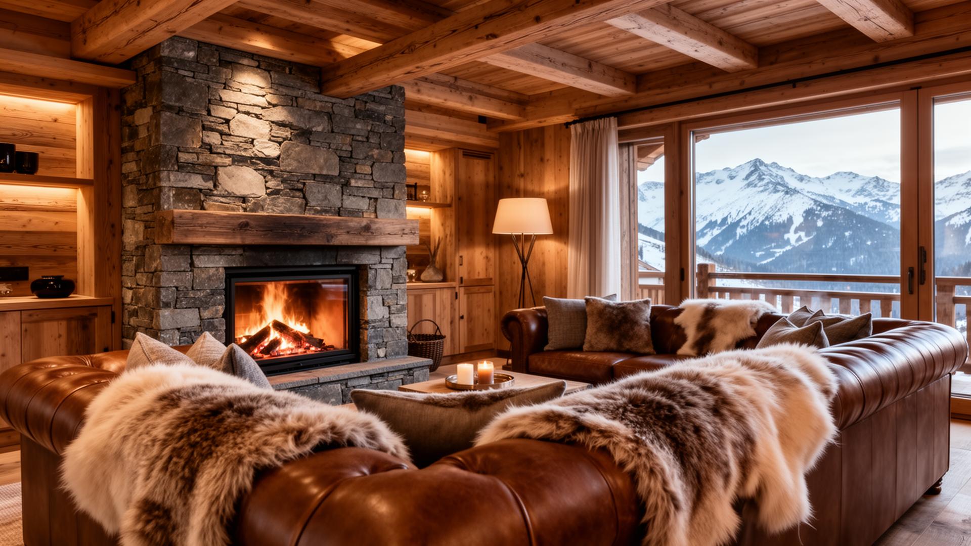 Intérieur chaleureux du Chalet Vi-Close avec cheminée en pierre